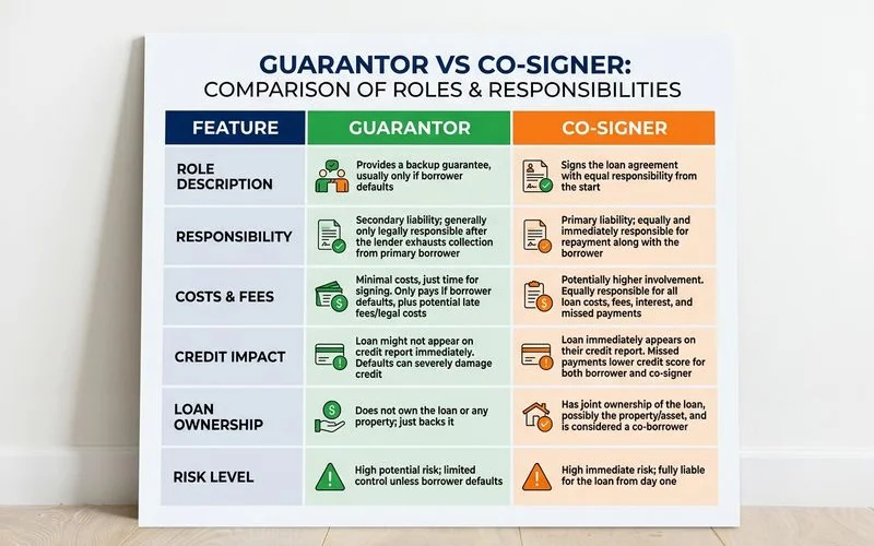 Guarantor vs co-signer comparison table
