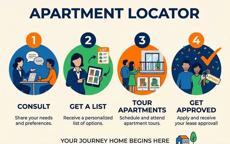 Four-step apartment locator process diagram