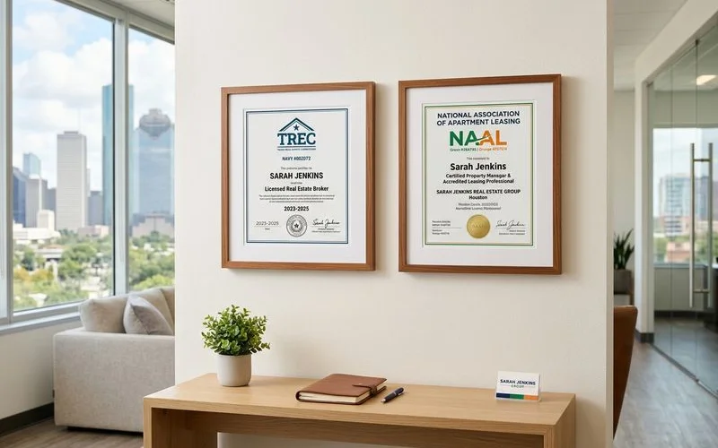 TREC and NAAL credentials displayed at the Houston office