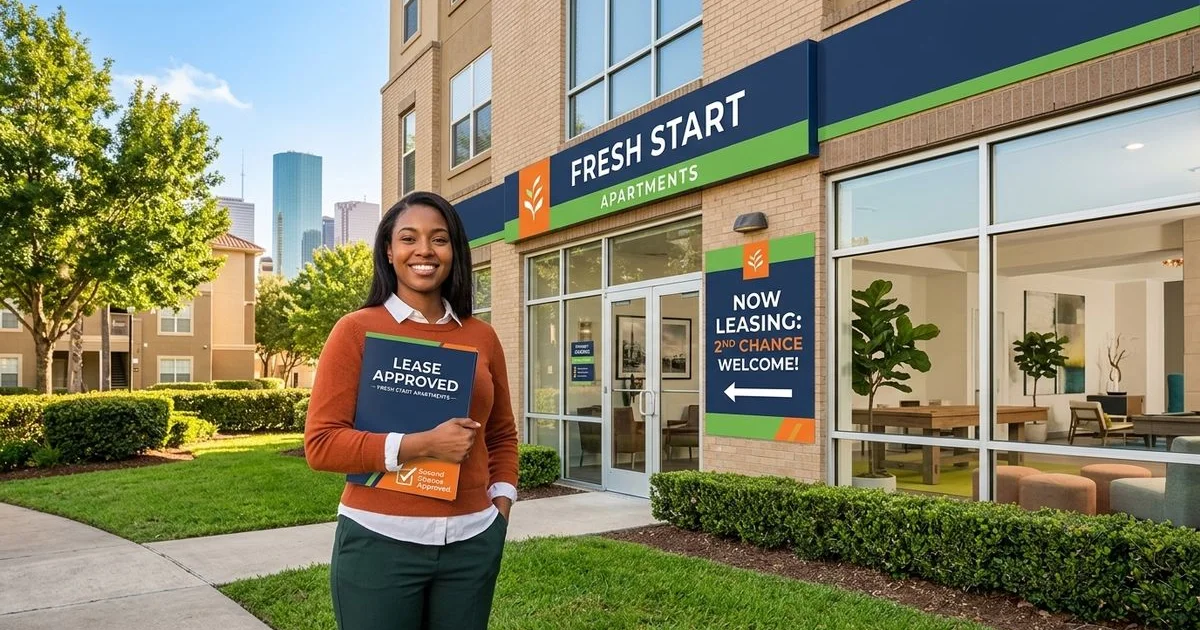 Renter outside a welcoming Houston apartment after background-friendly approval