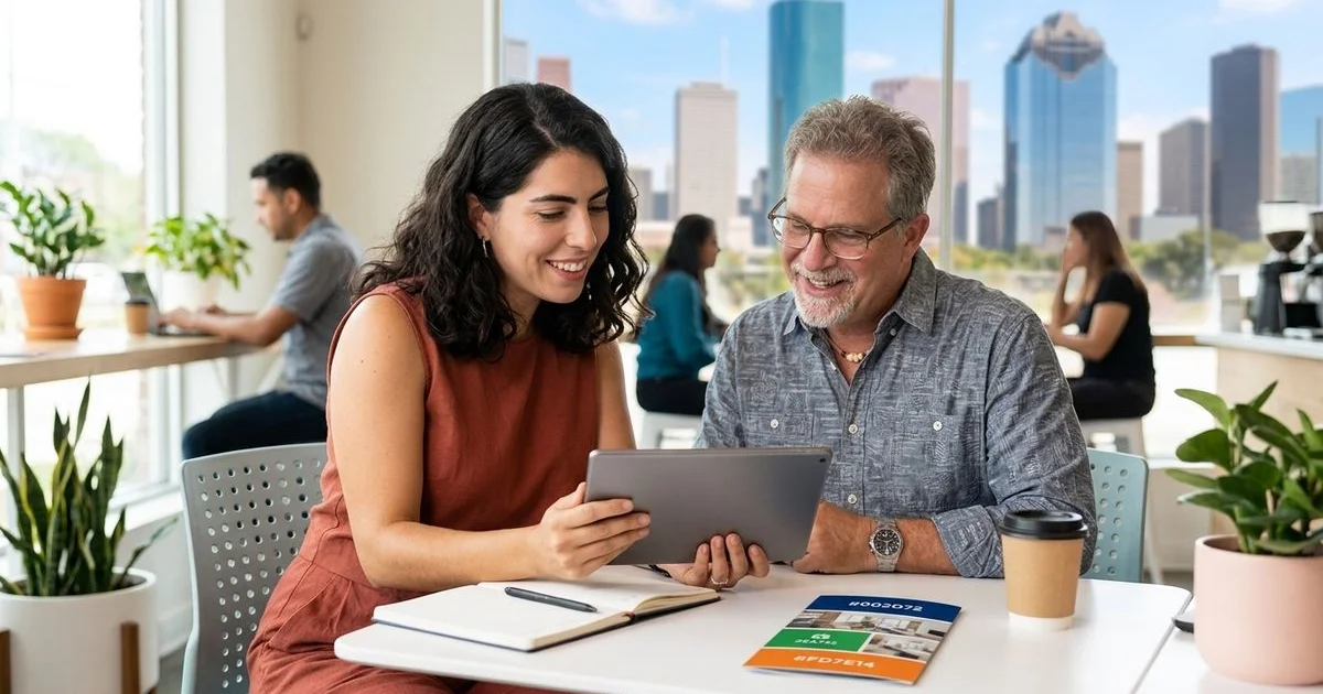 Houston apartment locator reviewing options with a renter