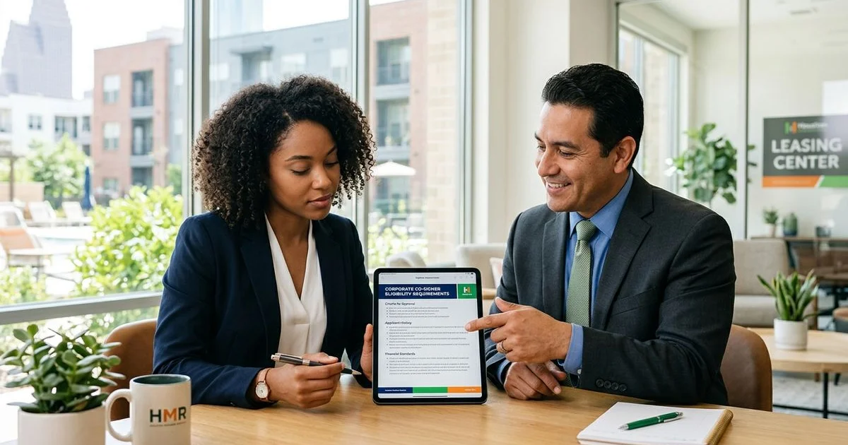 Renter and broker reviewing corporate co-signer eligibility