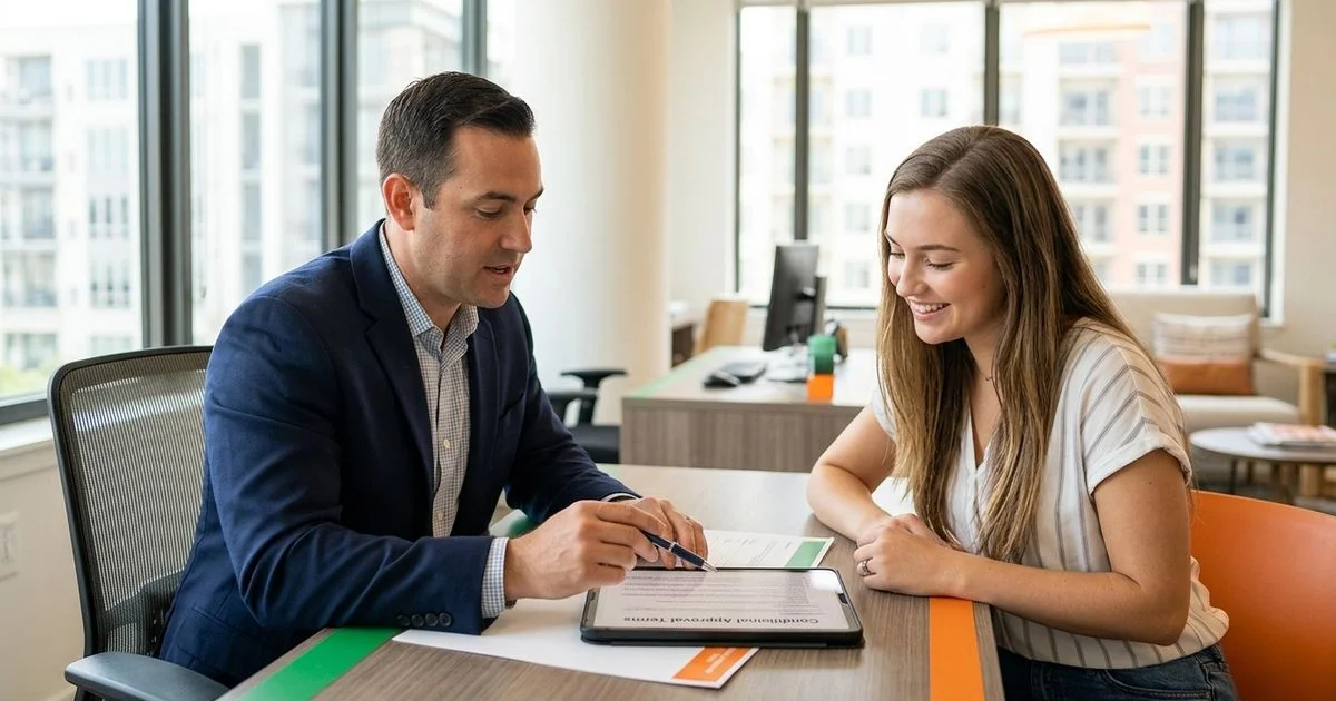 Broker walking renter through conditional approval paperwork