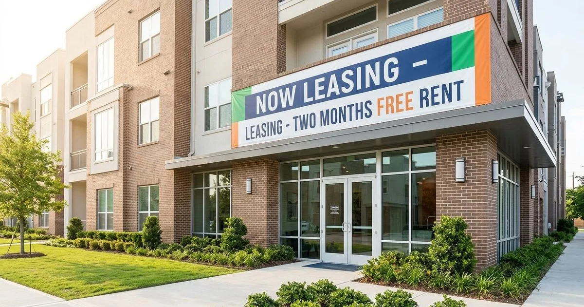 Houston apartment building with a move-in special banner