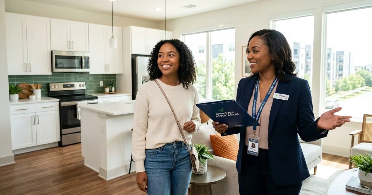 Renter touring a Houston apartment with approved bad-credit application