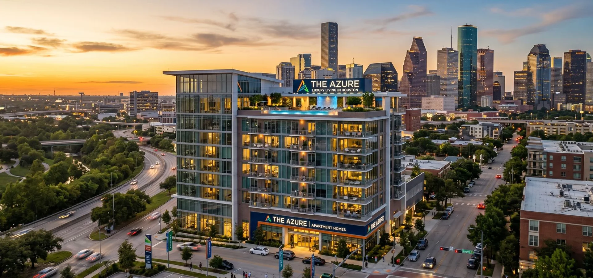 Modern Houston downtown skyline at sunset